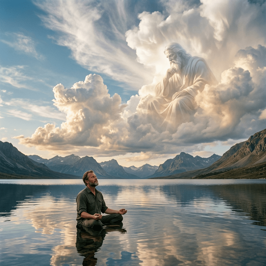 A man meditating cross-legged in calm lake water with a large figure in clouds above