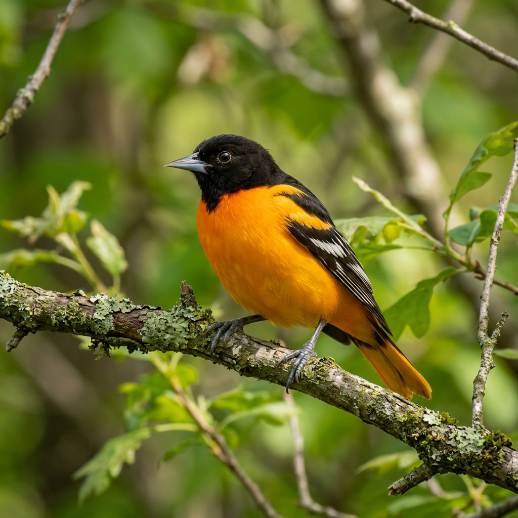 Baltimore Oriole with bright orange and black feathers perched on a tree branch