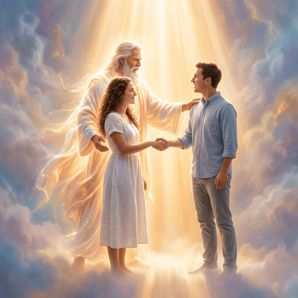 Elderly radiant figure blessing a young woman and man shaking hands surrounded by glowing clouds