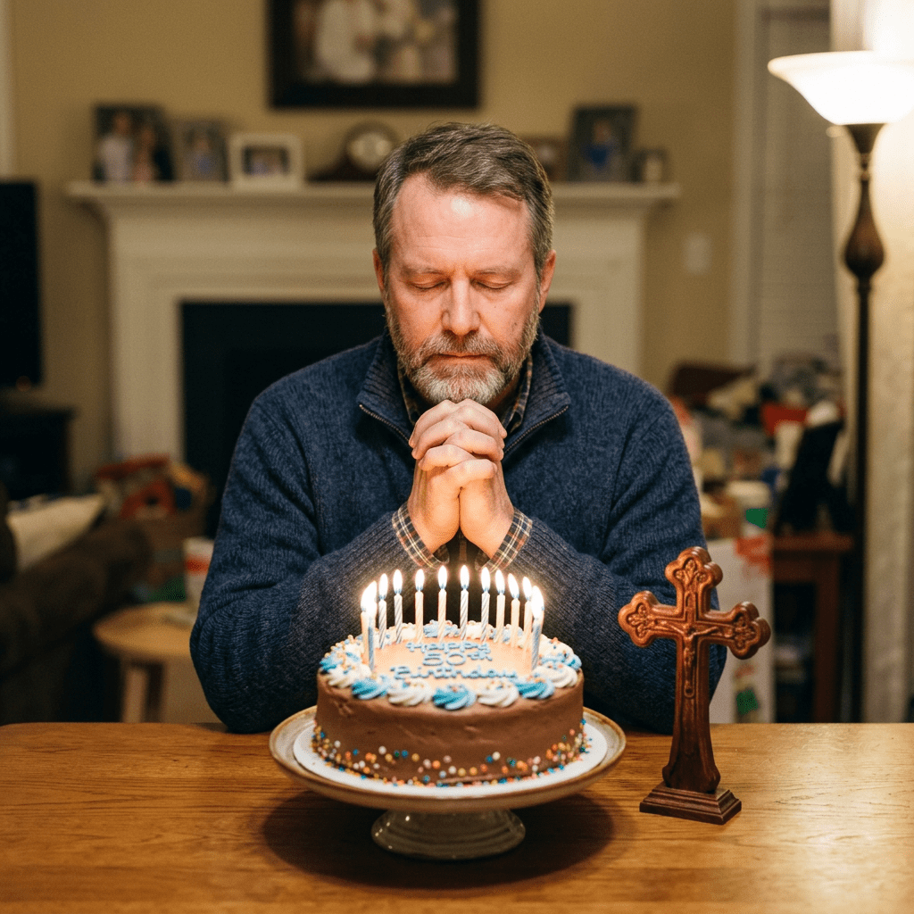 Man with eyes closed praying at a table with birthday cake and wooden cross
