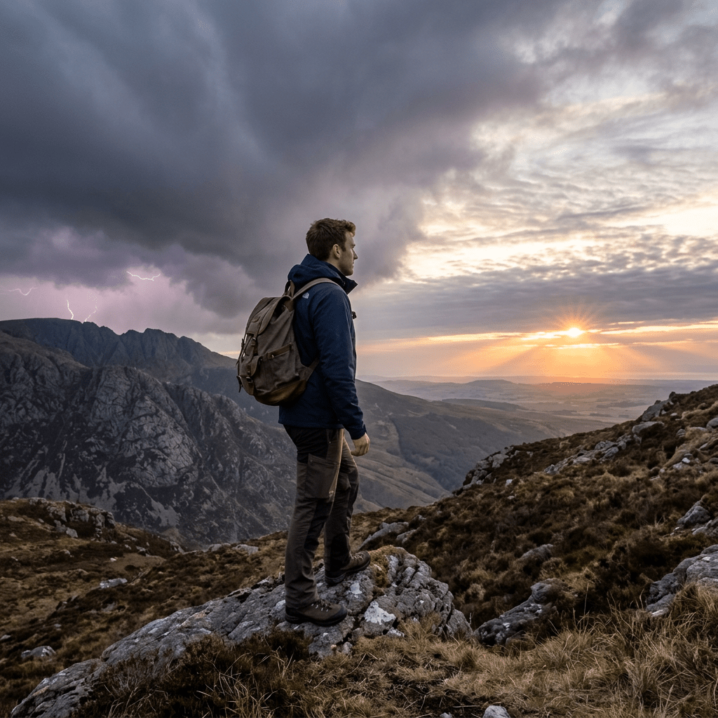 Man standing on rocky hilltop with backpack looking at sunset and storm clouds over mountains