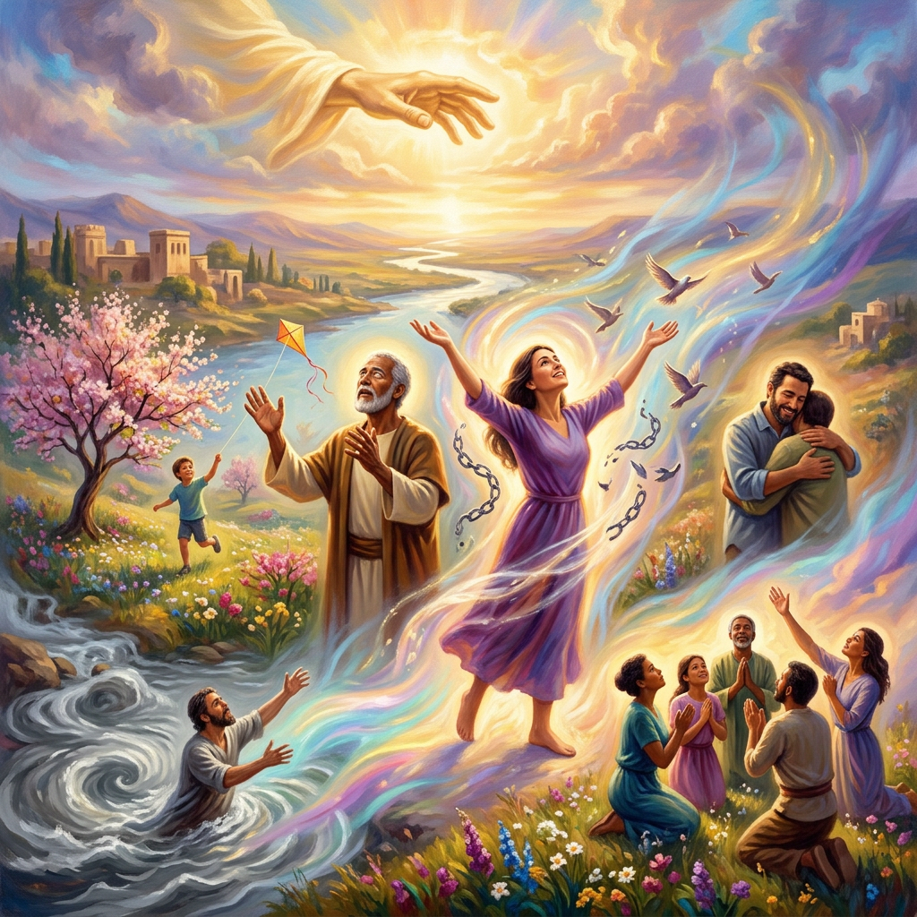 People experiencing spiritual awakening and liberation with divine light, colorful aura, and serene nature